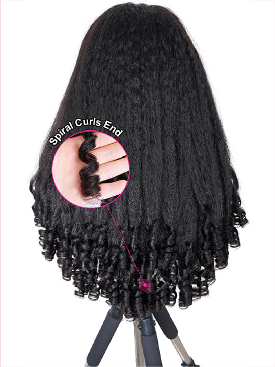 Kisslove Kinky Straight Hair with Spiral Curl Ends 13x6 Lace Frontal Wig Glueless Burmese Curly Wigs