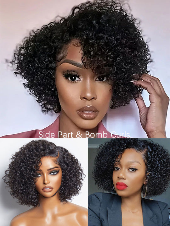 Pre Styled Pixie Curly Hair 4x4 Glueless Short Cut Side Part Lace Wig 100% Human Hair