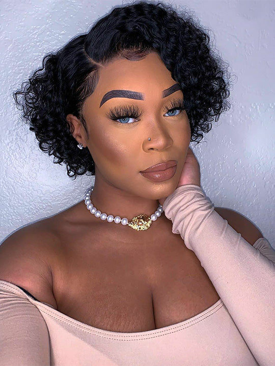 Pre Styled Pixie Curly Hair 4x4 Glueless Short Cut Side Part Lace Wig 100% Human Hair