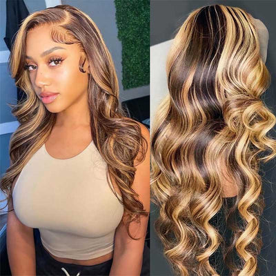 13x4 Highlight Body Wave Transparent Lace Front Human Hair Wigs - KissLove Hair