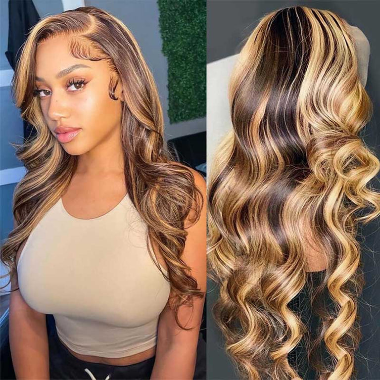 13x4 Highlight 3D Body Wave Transparent Lace Front Human Hair Wigs - KissLove Hair