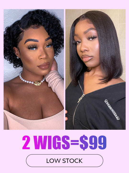 [2 Wigs=$99] Curly Hair Pixie Cut Bob Wig + Yaki Straight Short Bob Lace Wig - KissLove Hair