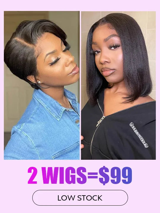 [2 Wigs=$99] Straight Hair Pixie Cut Wig + Yaki Straight Short Bob Lace Wig - KissLove Hair