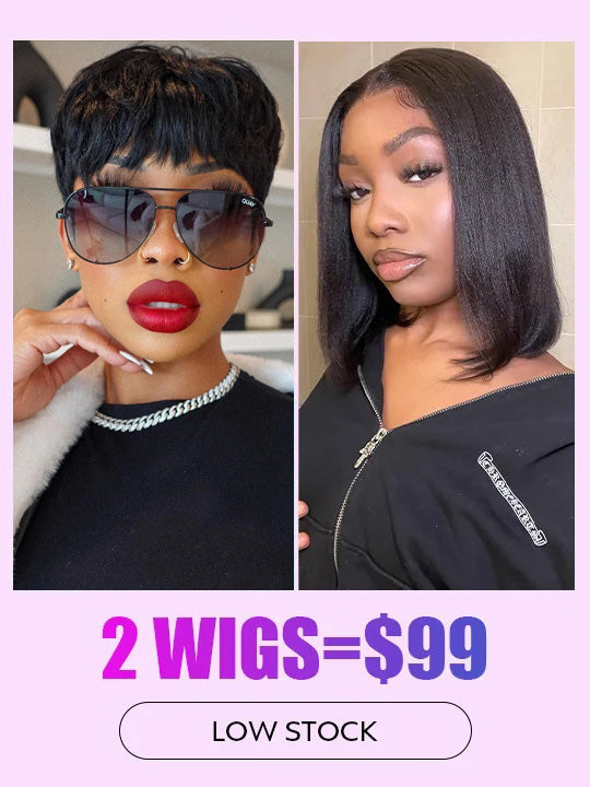 [2 Wigs=$99] Straight Hair Pixie Cut Wig + Yaki Straight Short Bob Lace Wig - KissLove Hair