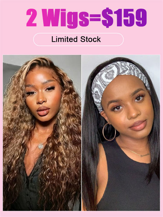[2 Wigs=$159] P4/27 Highlight 13x6 Lace frontal Deep Wave Wig + Glueless Straight Hair Headband Bob Wig - KissLove Hair