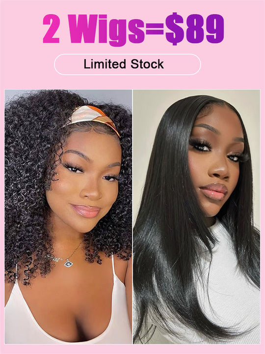 [2 Wigs=$89] Straight Hair 13x4 Lace Frontal Wig+ Jerry Curly Glueless Headband Wig - KissLove Hair