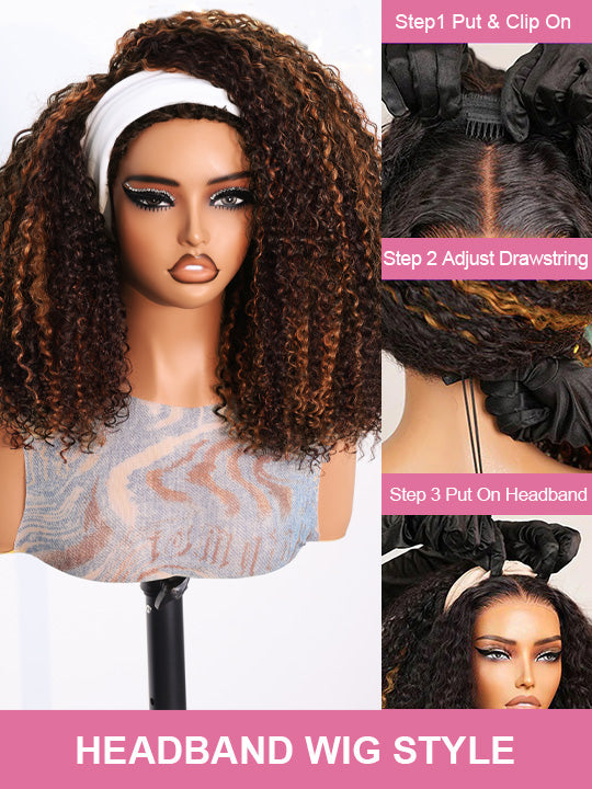[3 In 1 Half Wig] Chestnut Brown Highlights on Chocolate Brown Hair Kinky Curly Flip Over Glueless Half Wig