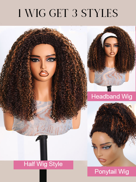 [3 In 1 Half Wig] Chestnut Brown Highlights on Chocolate Brown Hair Kinky Curly Flip Over Glueless Half Wig