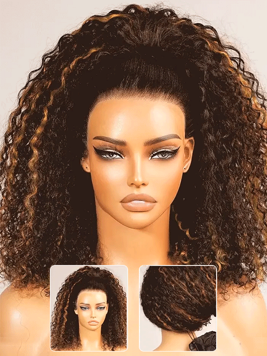 [3 In 1 Half Wig] Brown Highlight Water Wave Glueless Invisi Drawstring Cheap Human Hair Wig