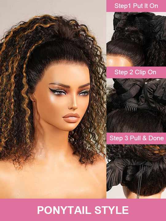 [3 In 1 Half Wig] Brown Highlight Water Wave Glueless Invisi Drawstring Cheap Human Hair Wig
