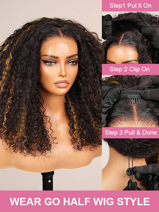 [3 In 1 Half Wig] Brown Highlight Water Wave Glueless Invisi Drawstring Cheap Human Hair Wig