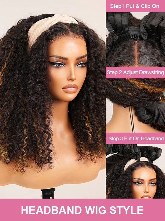 [3 In 1 Half Wig] Brown Highlight Water Wave Glueless Invisi Drawstring Cheap Human Hair Wig