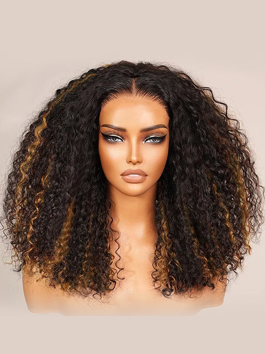 [3 In 1 Half Wig] Brown Highlight Water Wave Glueless Invisi Drawstring Cheap Human Hair Wig