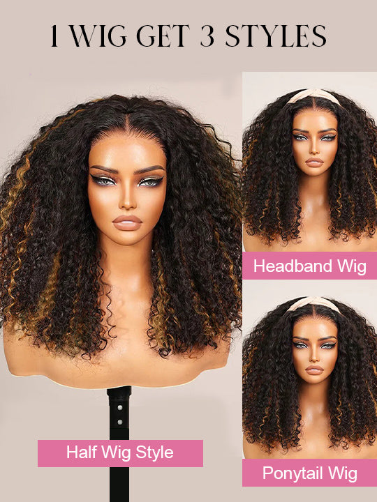[3 In 1 Half Wig] Brown Highlight Water Wave Glueless Invisi Drawstring Cheap Human Hair Wig