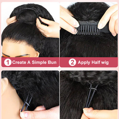 [3 In 1 Half Wig] 4C Kinky Edge Afro Curly Flip Over Pull Go Drawstring Protective Half Wig Beginner Friendly - KissLove Hair