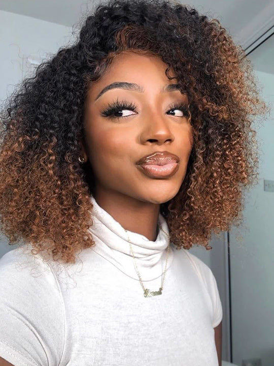 [3 In 1 Half Wig] Ombre Kinky Curly Hair Afforadble Invisi-drawstring Glueless Flip Over Wig
