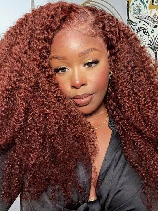 Kisslove #33 Reddish Brown Kinky Curly Hair Invisi Drawstring 360 Glueless Lace Wigs - KissLove Hair
