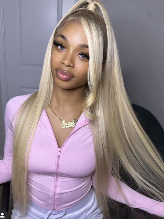 Kisslove 360 Lace Wig Blonde Balayage On Brown Straight Hair Wigs HD Transparent Invisi Drawstring Wig