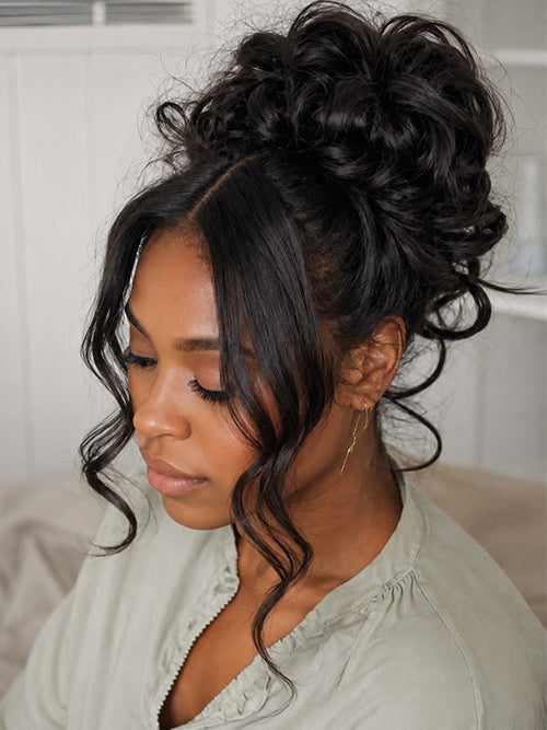 KissLove Pre Styled Flexible Fit Invisi-Drawstring 360 Lace Wig Body Wave High Bun Style Wig with Bangs