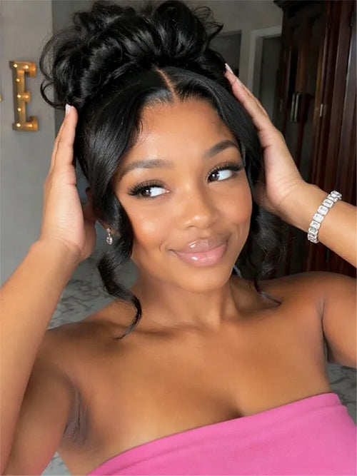 KissLove Pre Styled Flexible Fit Invisi-Drawstring 360 Lace Wig Body Wave High Bun Style Wig with Bangs