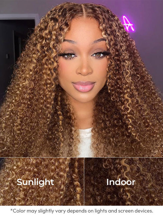 Kisslove Honey Blonde Highlights Kinky Curly Invisi-Drawstring 360 Glueless Lace Wig