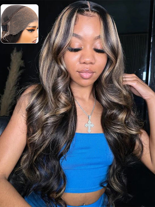 KissLove 360 Lace Wig Honey Blonde Highlight on Black Hair Body Wave Wig with Invisi-Drawstring