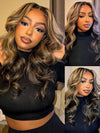 KissLove 360 Lace Wig Honey Blonde Highlight on Black Hair Body Wave Wig with Invisi-Drawstring