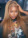 KissLove Honey Blonde Highlights 360 Lace Wig Kinky Straight Hair with Glueless Invisi-Drawstring Cap