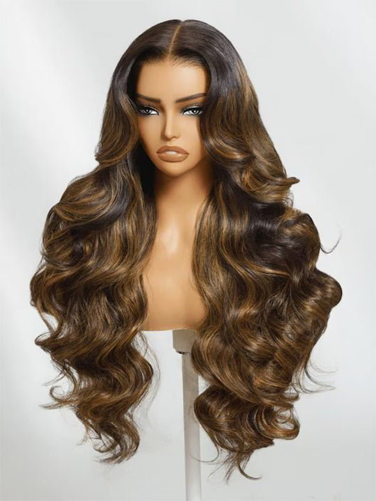 Kisslove Glueless Brown Bayalage Highlights Straight Hair Wig Invisi-Drawstring Snug Fit 360 Lace Wig
