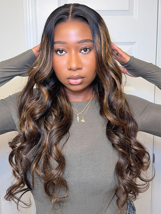 Kisslove Pre Everything Brown Bayalage Highlights 3D Body Wave Wig Pull Go Drawstring Wig