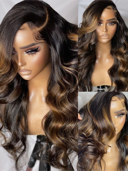 Kisslove Pre Everything Brown Bayalage Highlights 3D Body Wave Wig Pull Go Drawstring Wig