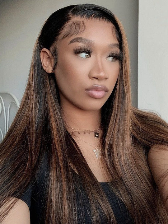 Kisslove Glueless Brown Bayalage Highlights Straight Hair Wig Invisi-Drawstring Snug Fit 360 Lace Wig