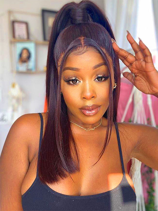 Kisslove Black Cherry Layered Straight Hair Glueless Invisi-Drawstring 360 Lace Wig Dark Burgundy Hair