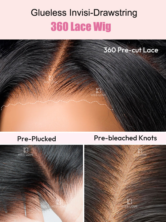 KissLove Pre Styled Flexible Fit Invisi-Drawstring 360 Lace Wig Body Wave High Bun Style Wig with Bangs