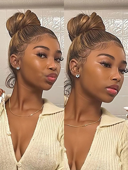 Kisslove Brown Highlights Straight Human Hair Wigs Pre-bleached Invisi Strap Snug Fit 360 Lace Frontal Wig - Kisslove Hair