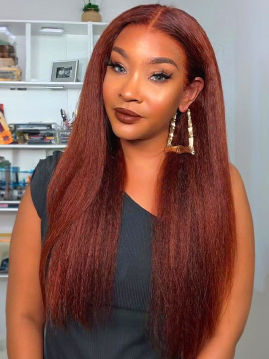 Reddish Brown Yaki Straight Bob Lace Front Wig 180% Density 12 Inch Reddish Brown Light Yaki Straight Short Bob Wig Silk Press  main image 4
