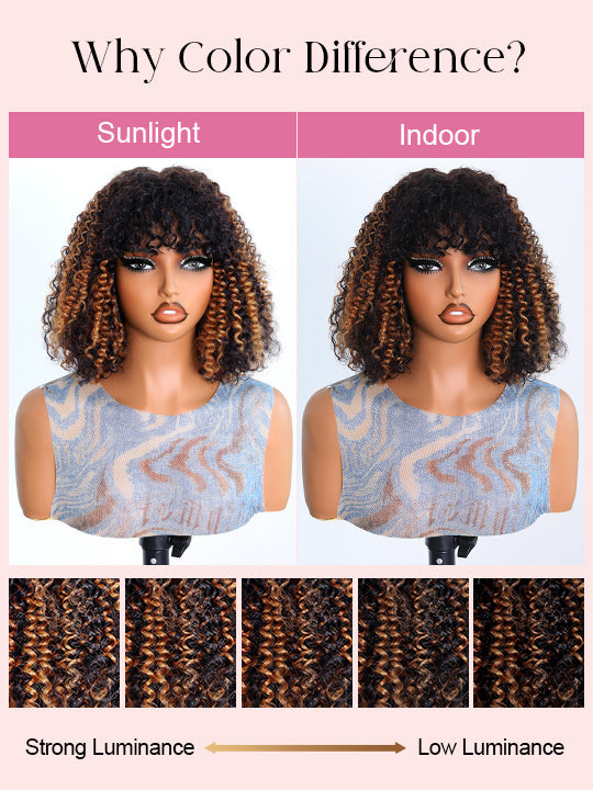 Glueless 250% Density Brown Highlights Kinky Curly 3x1 Middle Part Bob Wig with Bangs Pull & Go Wig