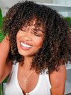 Glueless 250% Density Brown Highlights Kinky Curly 3x1 Middle Part Bob Wig with Bangs Pull & Go Wig