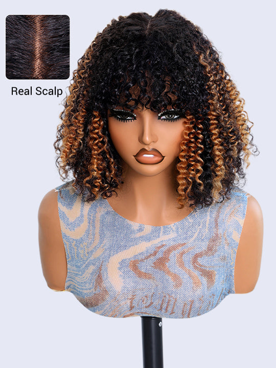 Glueless 250% Density Brown Highlights Kinky Curly 3x1 Middle Part Bob Wig with Bangs Pull & Go Wig