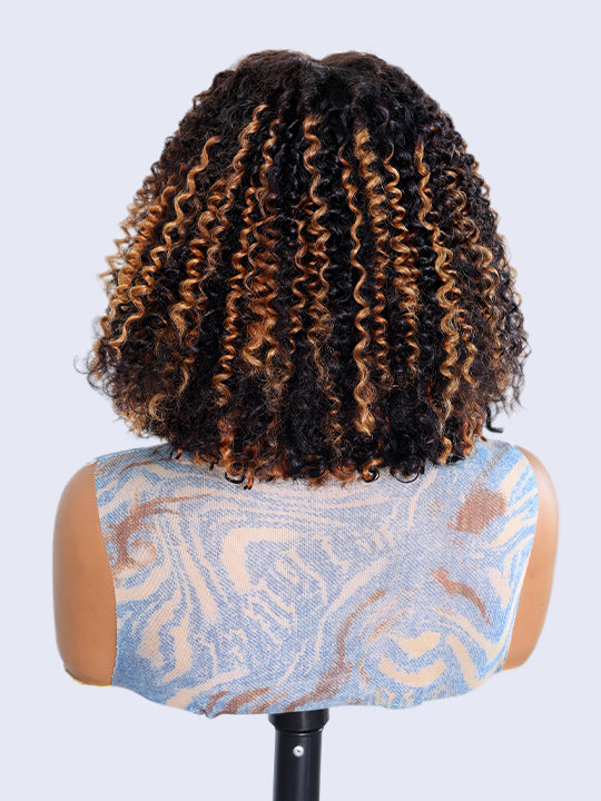 Glueless 250% Density Brown Highlights Kinky Curly 3x1 Middle Part Bob Wig with Bangs Pull & Go Wig