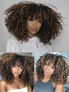 Glueless 250% Density Brown Highlights Kinky Curly 3x1 Middle Part Bob Wig with Bangs Pull & Go Wig