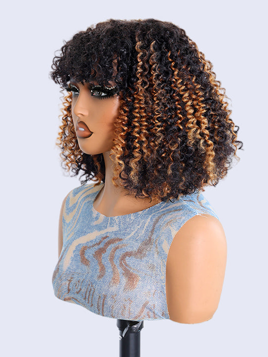 Glueless 250% Density Brown Highlights Kinky Curly 3x1 Middle Part Bob Wig with Bangs Pull & Go Wig