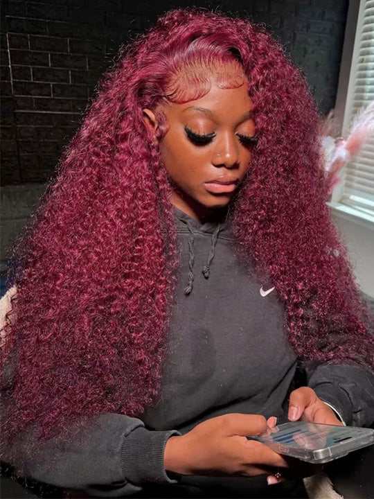 99J Dark Red Hair Jerry Curly Burgundy Wig 13x4 13x6 360 Transparent Lace Human Hair Wigs - KissLove Hair