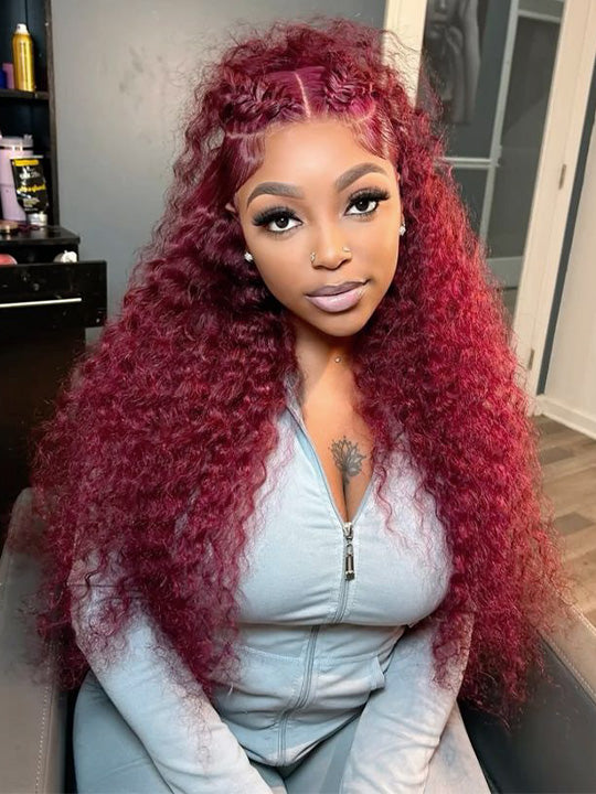 99J Dark Red Hair Jerry Curly Burgundy Wig 13x4 13x6 360 Transparent Lace Human Hair Wigs - KissLove Hair