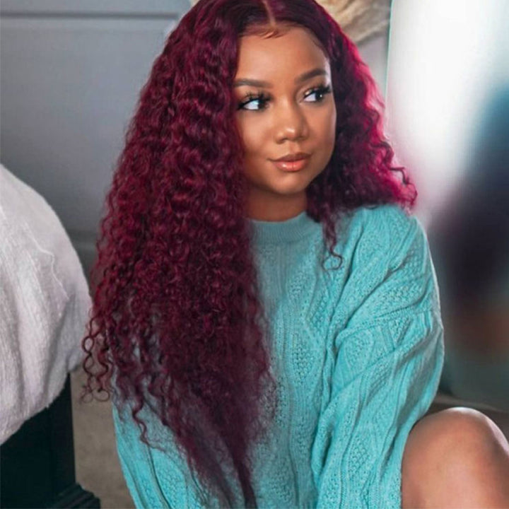 99J Burgundy Hair 5*5 HD Lace Wigs Deep Wave Dark Red Human Hair Wigs - KissLove Hair