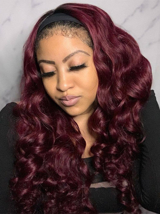 99J Burgundy Hair Headband Wig With Black Roots 3D Body Wave Human Hair Wigs - KissLove Hair