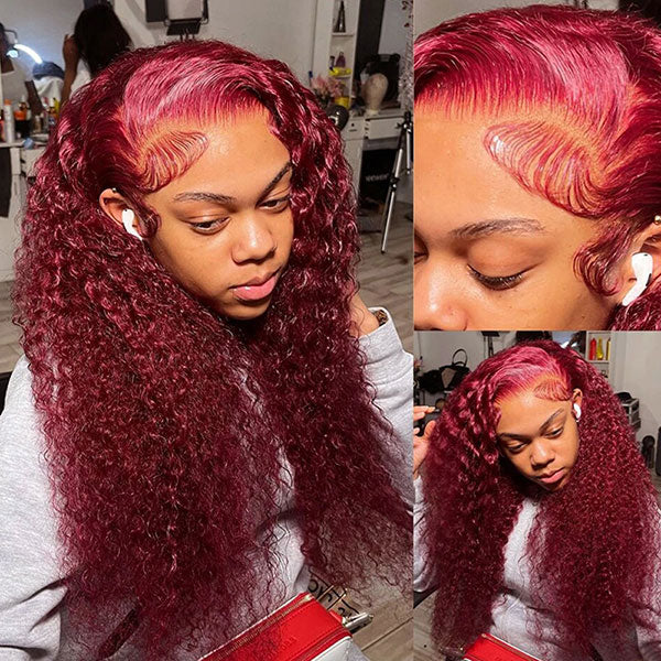 99J Dark Red Hair Deep Curly Burgundy Wig 13x4 13x6 360 Transparent Lace Human Hair Wigs - KissLove Hair