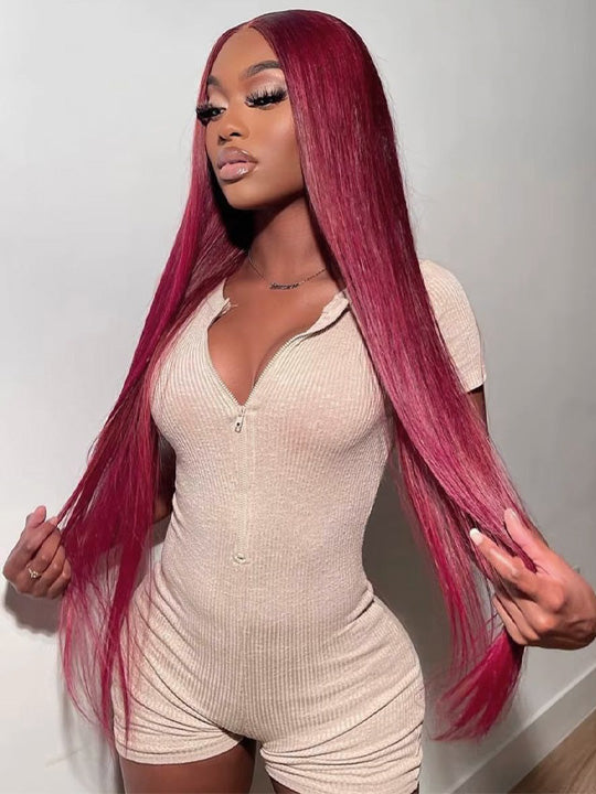 [Flash Deal] Burgundy Color Straight Hair 13x6 Lace Front Wig Pre Plucked Colored Human Hair Wigs