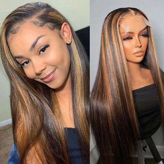 Bleached Knots Brown Highlight Wig Bone Straight 5x5 13x4 Lace Front Human Hair Wigs - KissLove Hair