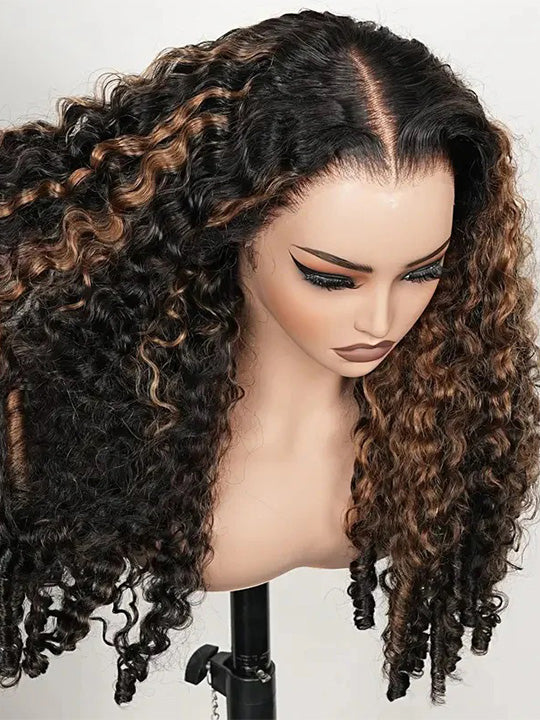 Burmese Curly Brown Highlight 13x6 Lace Frontal Wig Pre Everything Glueless Curly Human Hair Wig